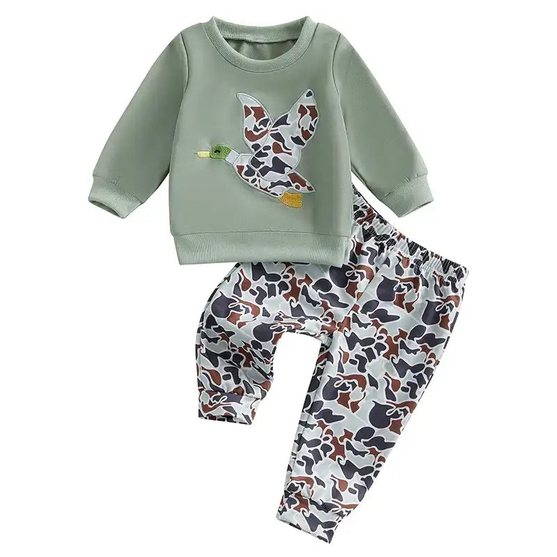 Spring Duck Embroidery Pullover & Camouflage Pants 2-Piece Outfit Set for Baby Boys
