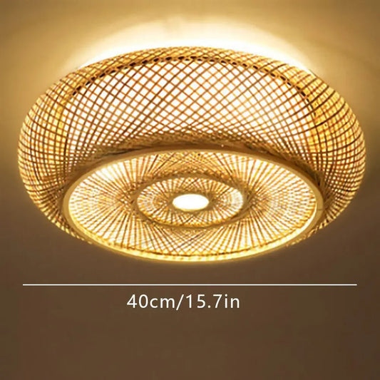 40cm Bamboo Wicker Rattan Ceiling Light – Asian Art Flush Mount Pendant Lamp, Handcrafted Boho Lighting (110V)
