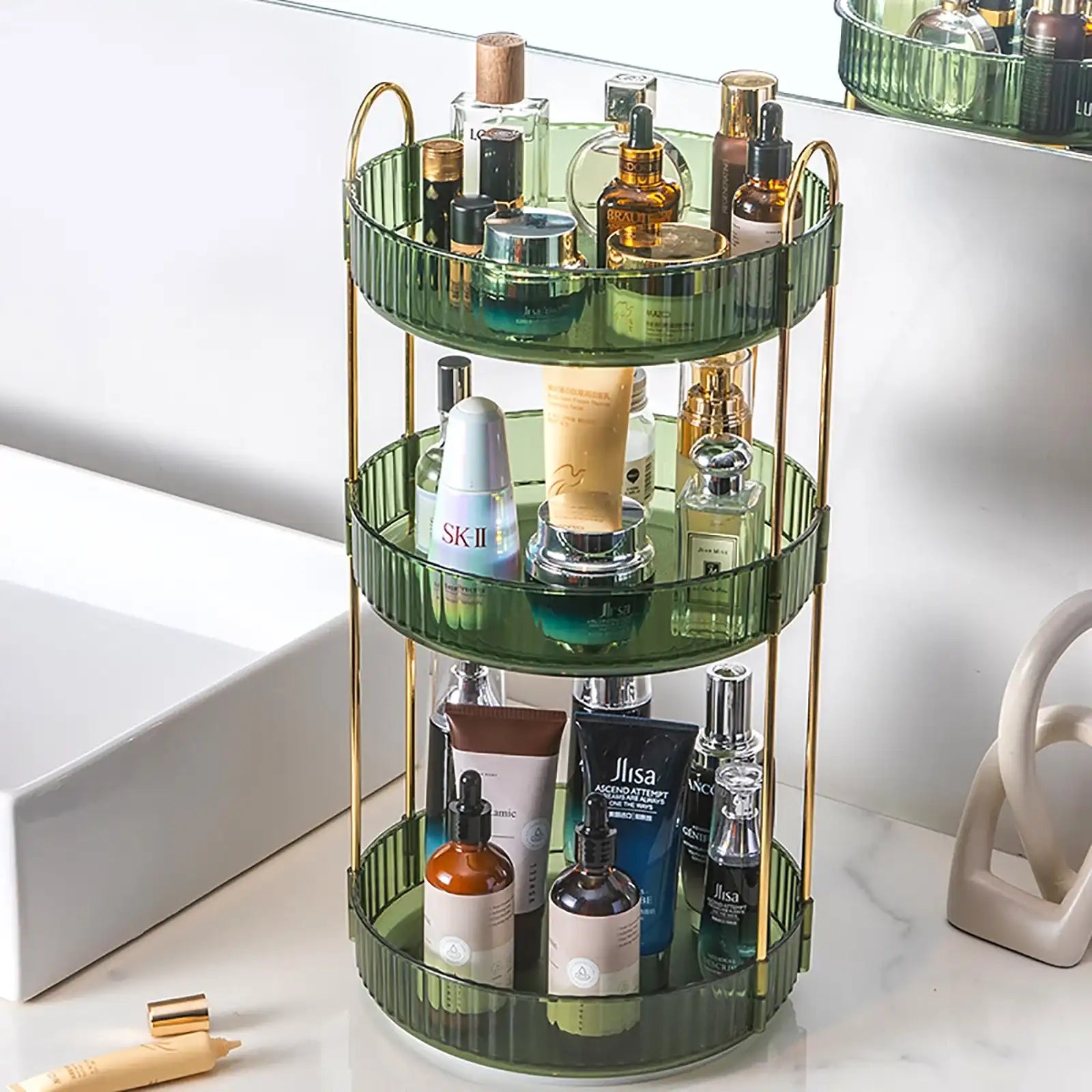 “3-Tier Rotating Makeup Organizer – High-Capacity Clear Skincare & Cosmetic Storage for Vanity and Countertops”