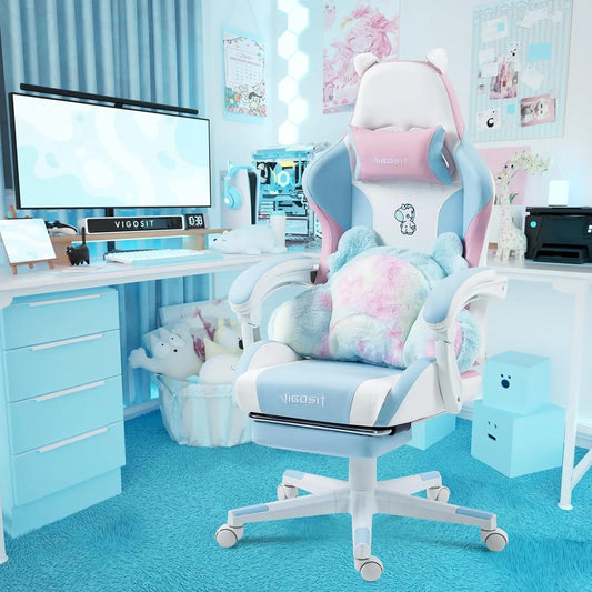 Cute Gaming Chair with Cushion & Decorated Ears – Ergonomic Reclining Computer Chair for Girls, Teens & Kids, Blue/Pink