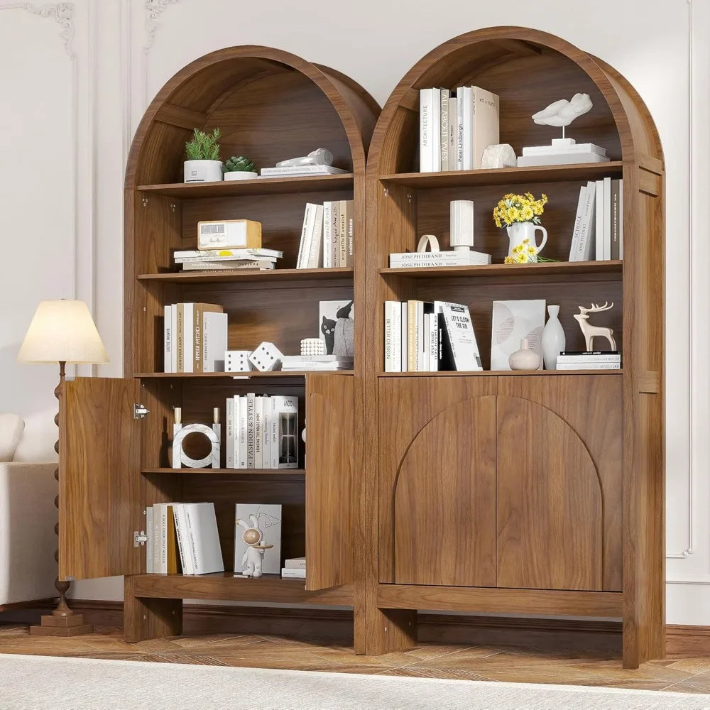 Mid-Century Arched Bookcase – 5-Tier Tall Display with Cabinet Doors, 71″ Architectural Library Storage