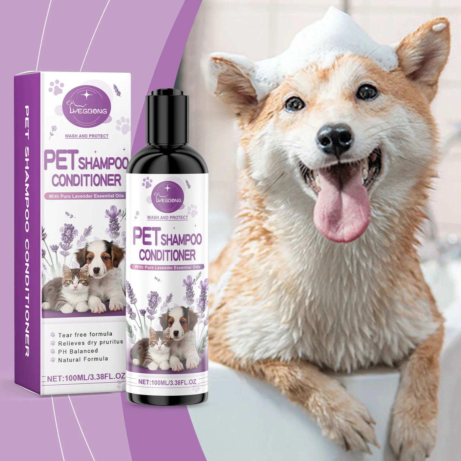 Yegbong Pet Lavender Shampoo – Gentle Cleansing for Cats & Dogs, Fluffy, Smooth & Fragrant Coat Care