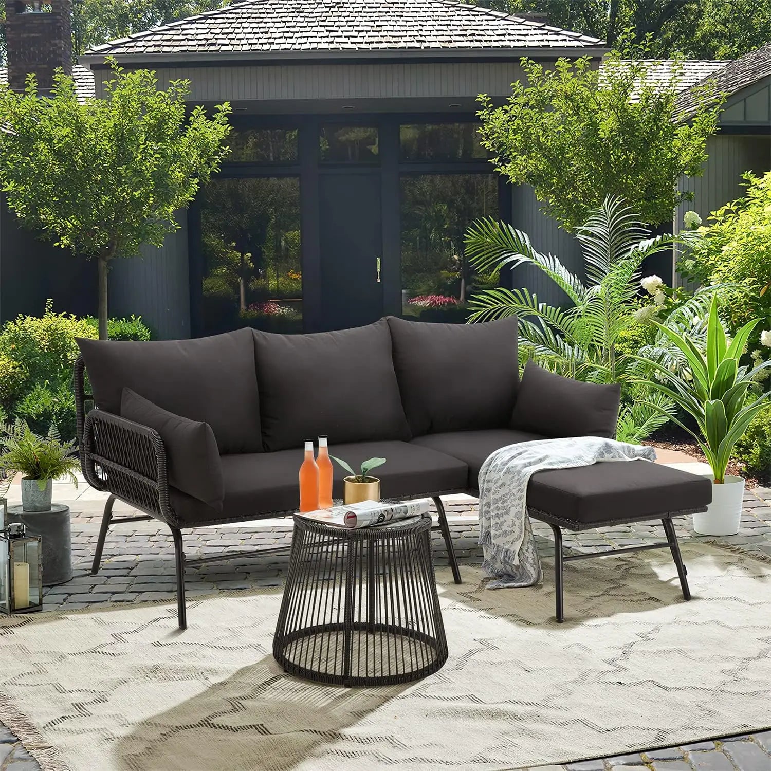 “3-Piece Patio Conversation Set – L-Shaped Sectional Sofa with Thick Cushions & Toughened Glass Coffee Table for Outdoor Living”