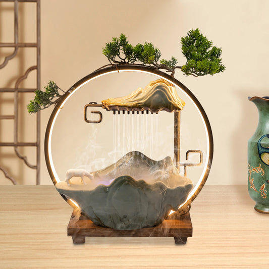 Backflow Incense Holder with Water Fountain & LED Light – Rockery Design with Horse & Plants for Relaxation 🪷💡