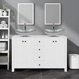 48" White Bathroom Vanity – Marble-Texture Top, 4 Drawers & Double Glass Vessel Sinks (Modern Standing Cabinet)