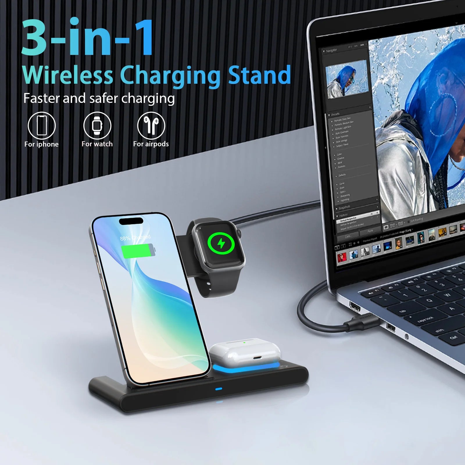 Magnetic 3-in-1 Wireless Charging Station – Foldable 18W Fast Charging Pad for iPhone 12–16, Apple Watch & AirPods