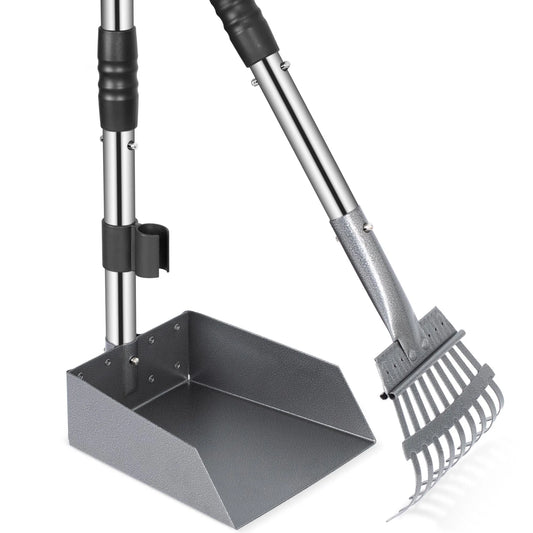 Dog Pooper Scooper Tray & Rake Set – Pet Waste Removal System with Long Adjustable Stainless Steel Handles for Easy Cleanup