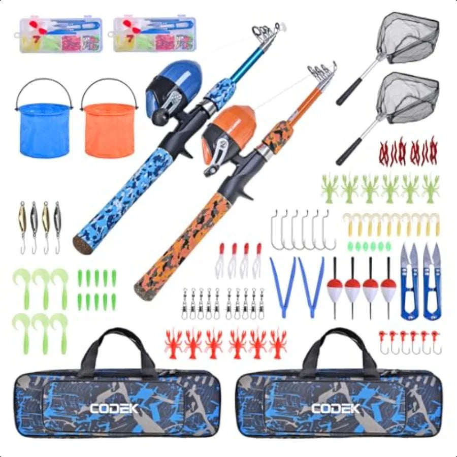 CODEK Fishing Pole Set – 2 Portable Telescopic Rod & Reel Combos with Complete Starter Kits | Kids, Youth & Beginner Fishing Set with Tackle Box