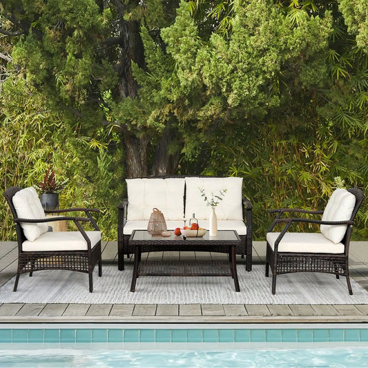 “4-Piece Rattan Patio Conversation Set – Wicker Sofa, Chairs, Coffee Table with Waterproof Cover for Outdoor Living”
