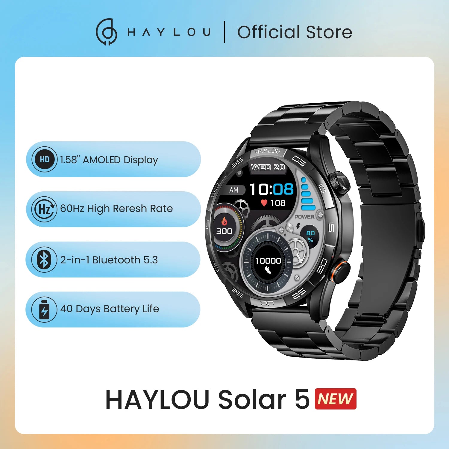 Haylou Solar 5 Smartwatch – 1.58” AMOLED Display, 60Hz Refresh Rate, Voice Calling, 24H Health Monitoring & Sports Fitness Watch for Men