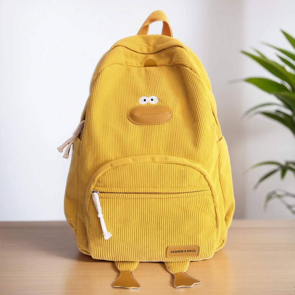Corduroy Cartoon Duck Backpack for Kids – Large Capacity Cute School & Laptop Bag with Adjustable Straps