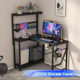 42″ L-Shaped Gaming Desk – Reversible Corner Computer Desk with Power Outlets, LED Lights, 3-Tier Shelves & Cup Holder