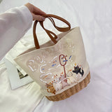 Women’s Straw Shoulder Bag – Patchwork Canvas Printed Bucket Tote with Large Capacity for Shopping & Travel 👜🌴