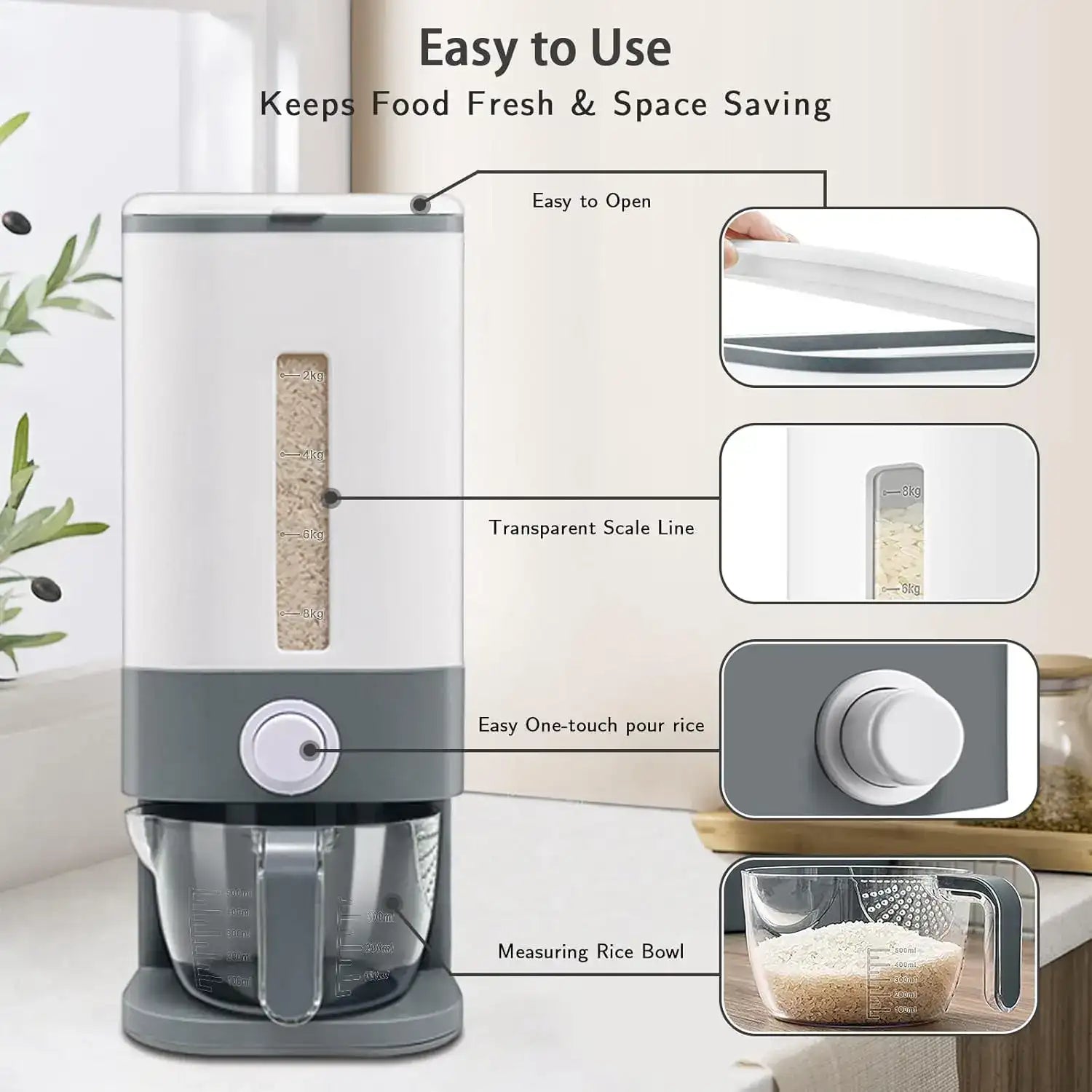 “25 lbs Rice Dispenser – Large Dry Food Storage Container with Measuring Cup, BPA-Free Kitchen Pantry Organizer”