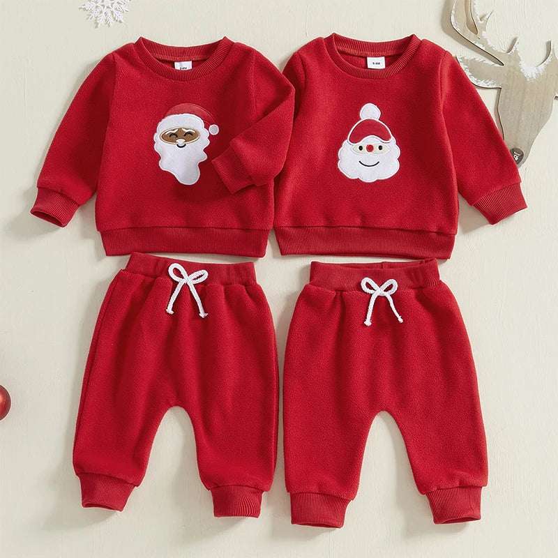 Santa Claus Embroidered Long-Sleeve Sweatshirt & Solid Pants Set for Toddler Boys & Girls