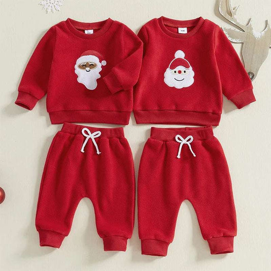 Santa Claus Embroidered Long-Sleeve Sweatshirt & Solid Pants Set for Toddler Boys & Girls