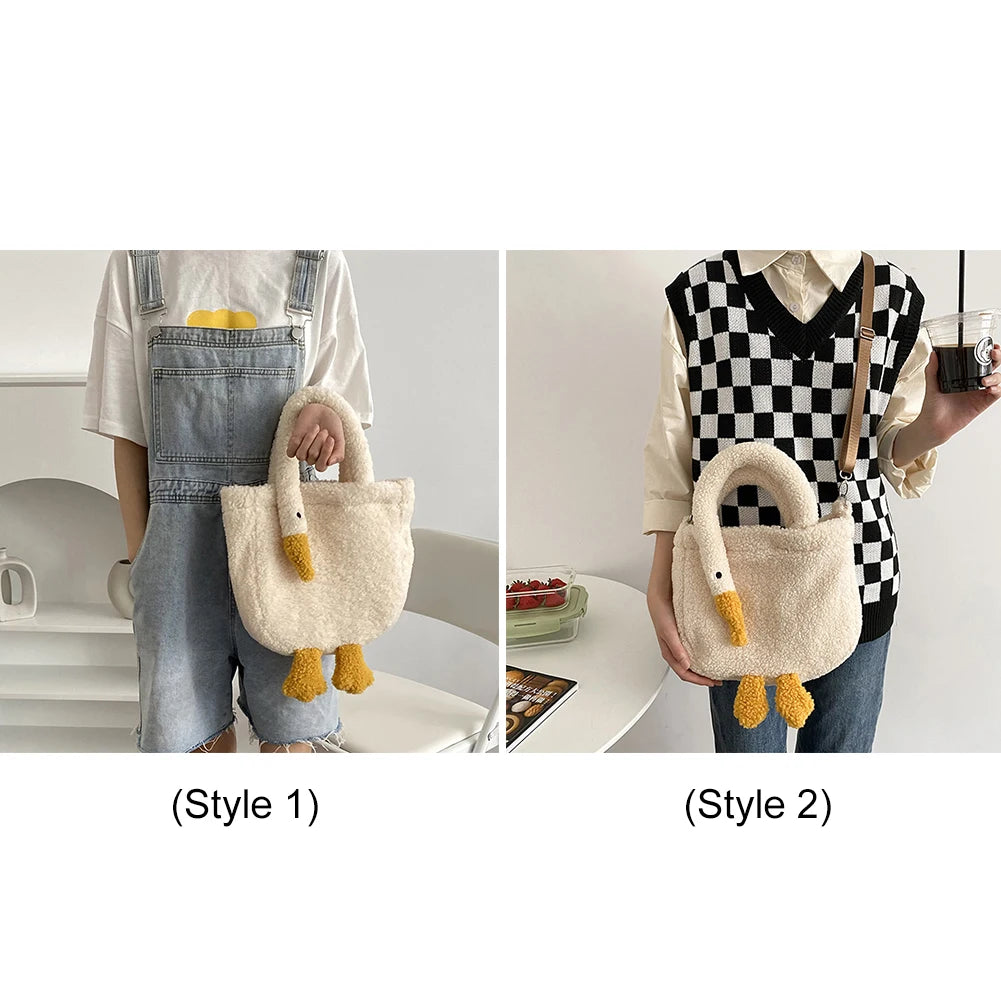 Women’s plush cartoon goose tote bag – soft casual fashion handbag, cute portable purse with adjustable strap for shopping & parties