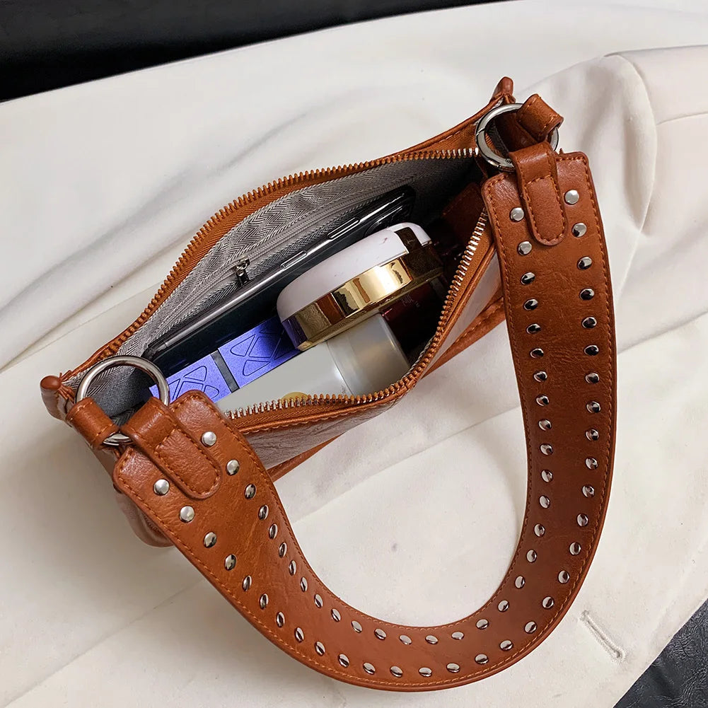 Studded Decor Under-Arm Satchel Bag – Adjustable Strap PU Leather Daily Shoulder Bag for Women