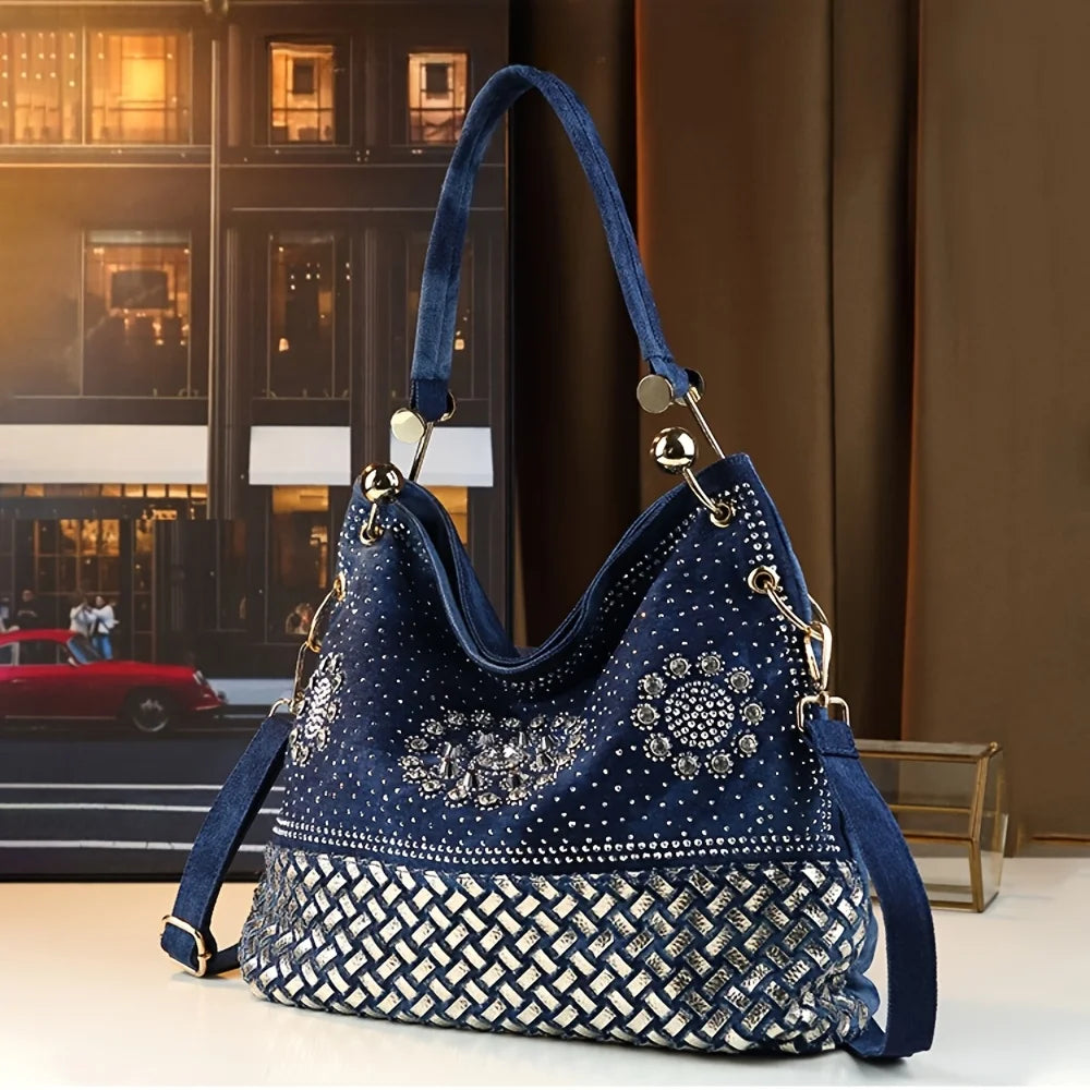 Large Capacity Woven Diamond-Embellished Tote Bag – Personalized Gradient Handbag for Women