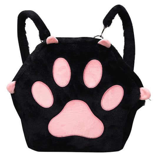Cute Cat Paw Plush Backpack — Soft Furry Kawaii Cartoon Bag for Women & JK Girls