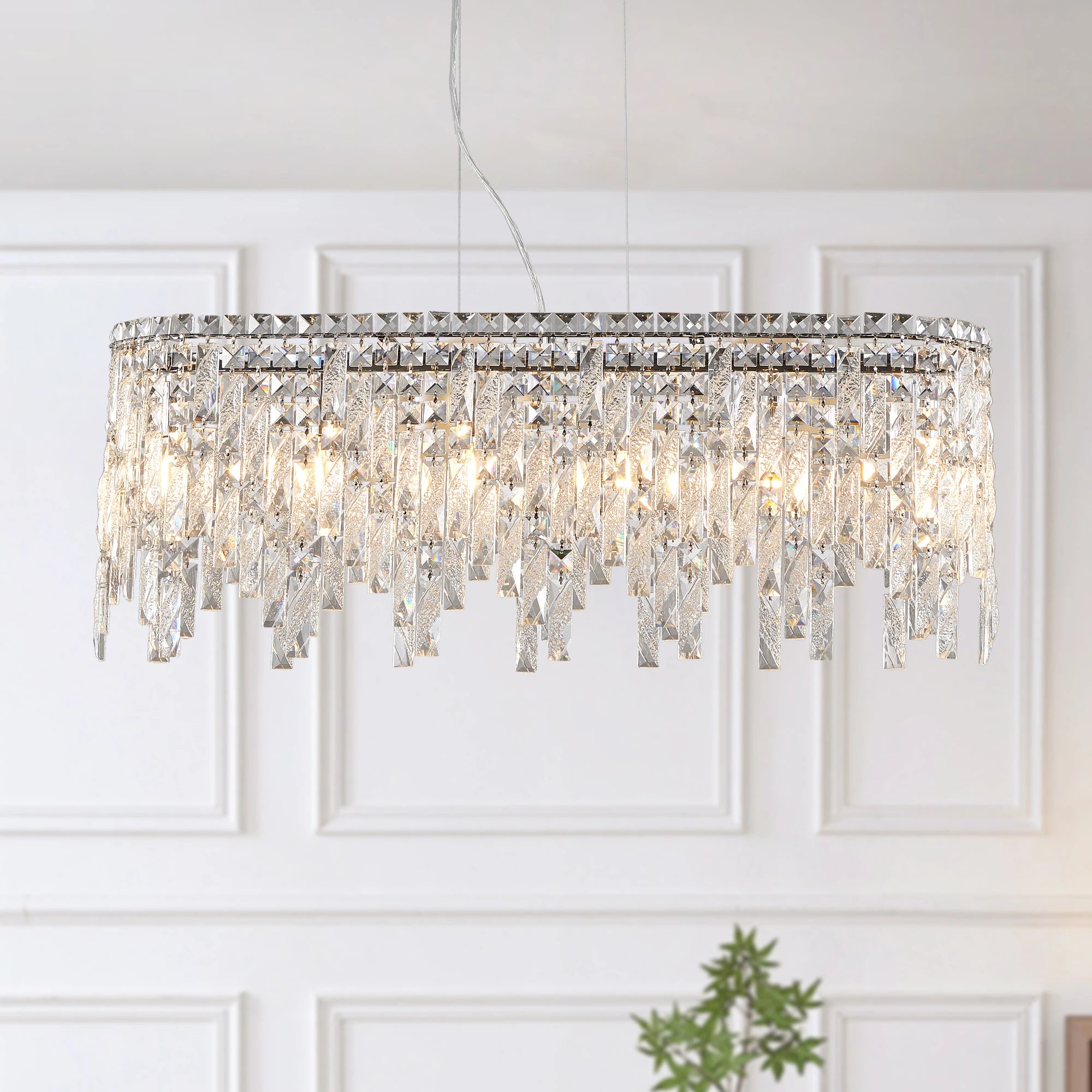 Silver Oval Crystal Chandelier – Elegant Modern Ceiling Light Fixture with Reflective Hanging Crystals (Bulbs Not Included)