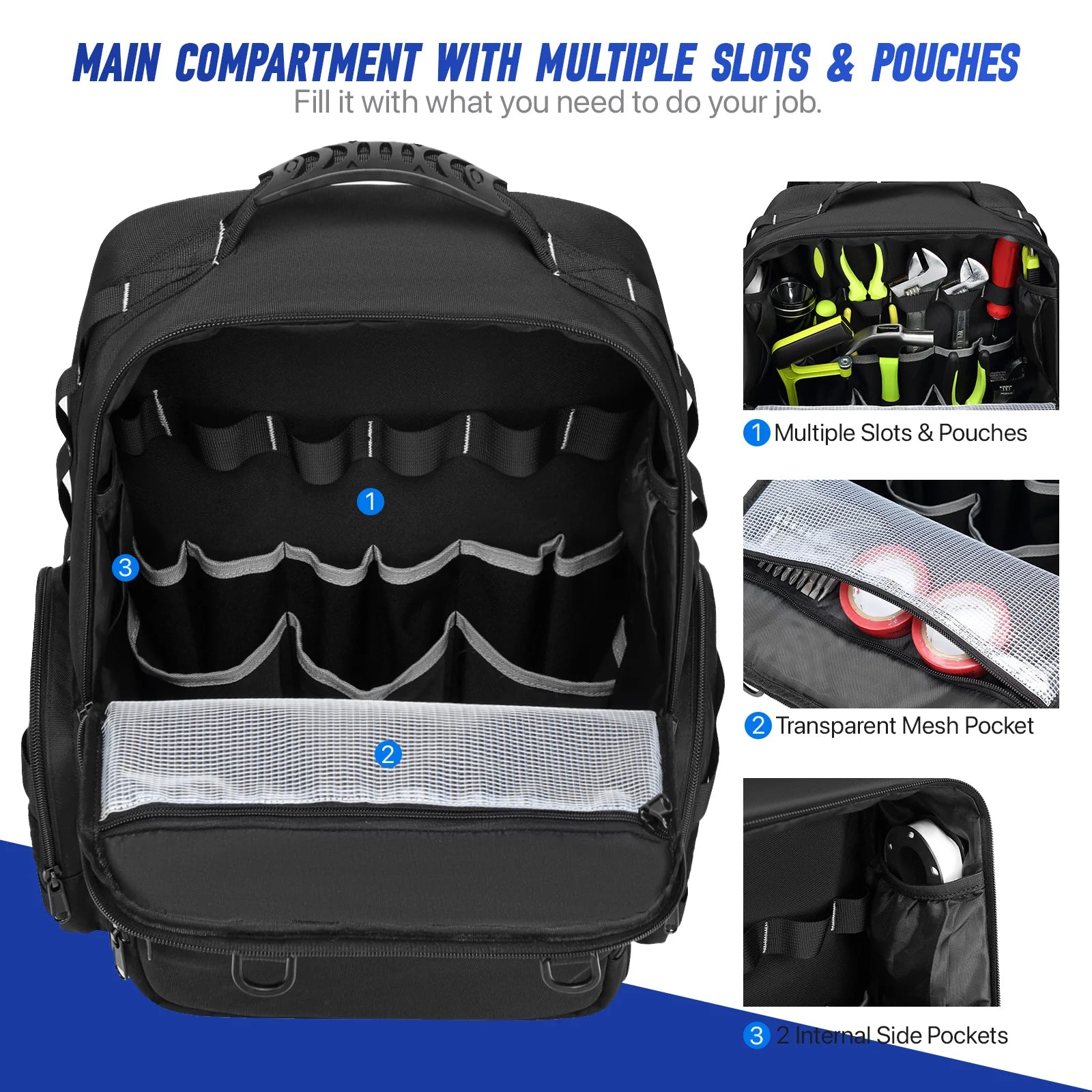 Heavy-Duty Tool Backpack for Men – Professional Tool Storage with 3 Removable Pouches | Electrician, Plumber & Maintenance Organizer Bag
