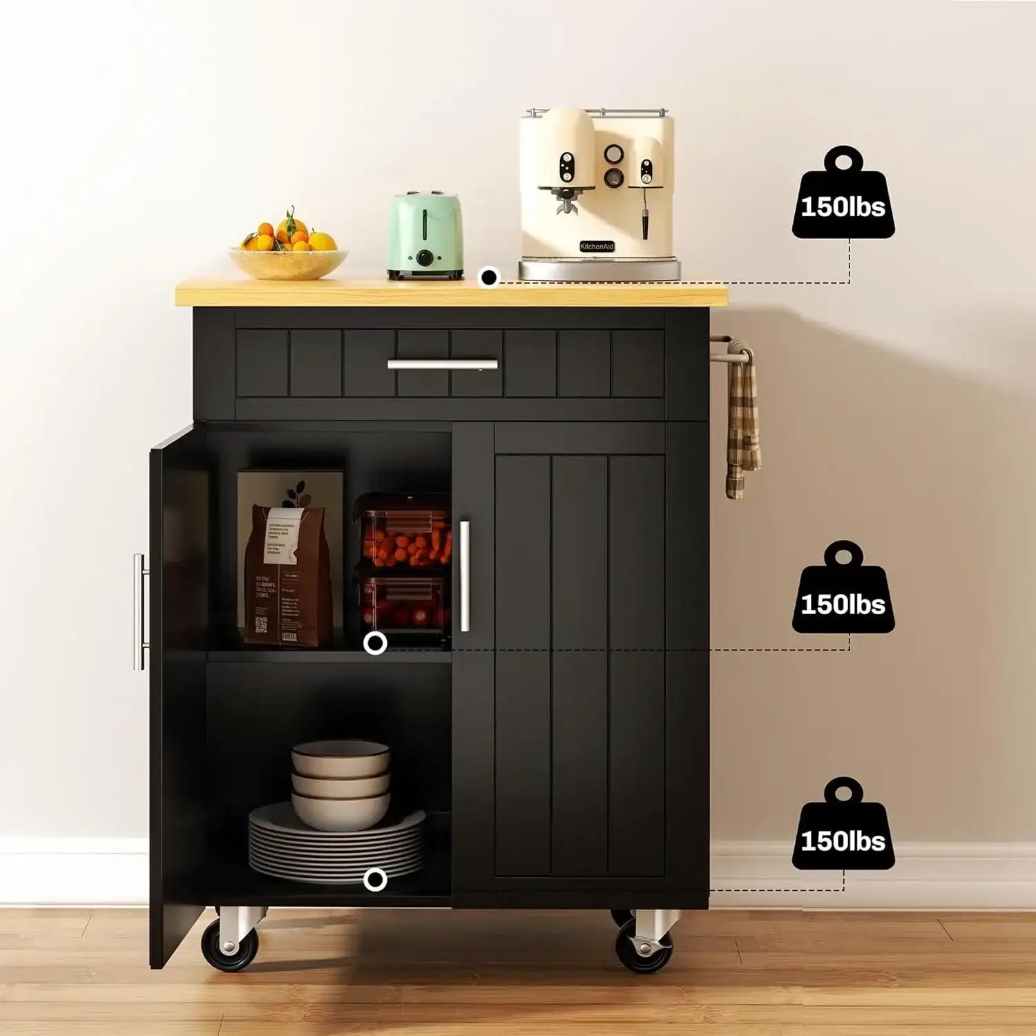 Rolling Kitchen Island on Wheels with Storage Cabinet & Drawer – 26″ Width Kitchen Cart with Handle & Towel Rack