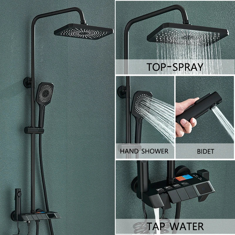 Grey Smart Digital Display Shower Faucet Set – Piano-Style Rainfall Bathroom System