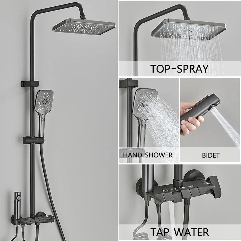 Grey Smart Digital Display Shower Faucet Set – Piano-Style Rainfall Bathroom System