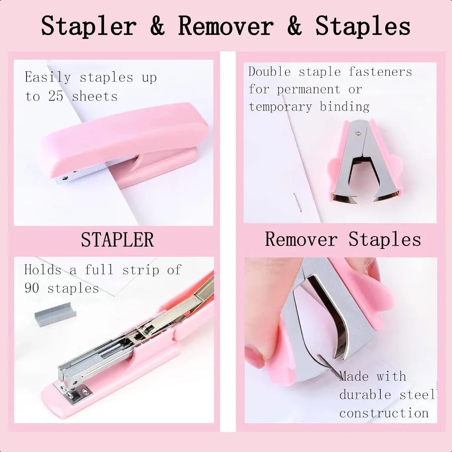 12-Piece Pink Office Desk Accessories Set – Tape Dispenser, Stapler & Organizer