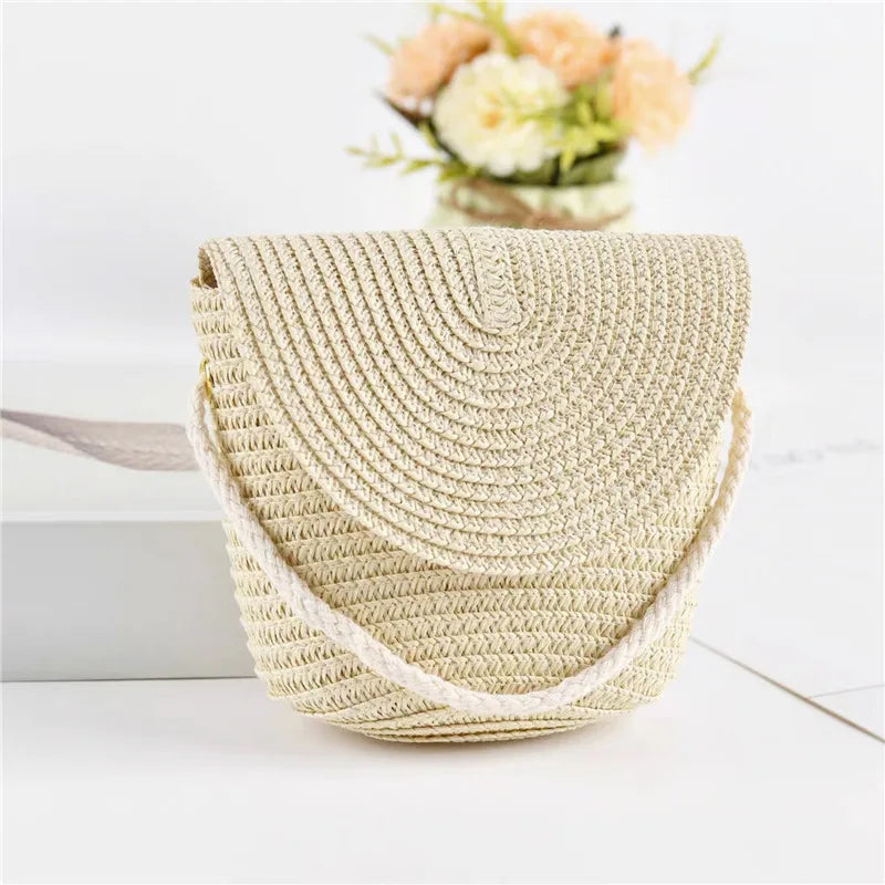 Half-Moon Woven Straw Crossbody Bag – Summer Beach Rattan Tote for Women