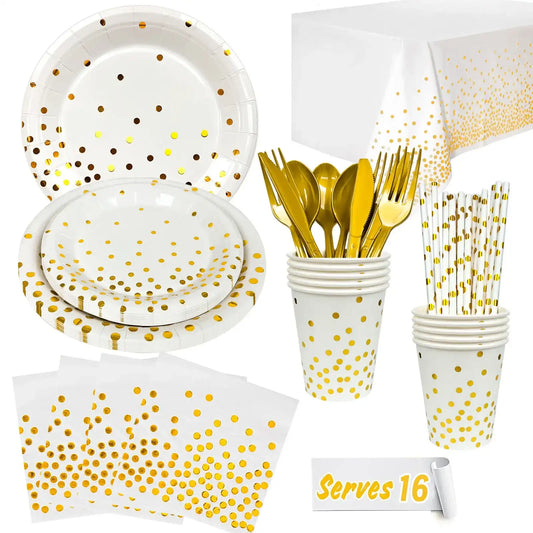 1- Product Title: Elegant White & Gold 129-Piece Party Paper Plates & Napkins Set
