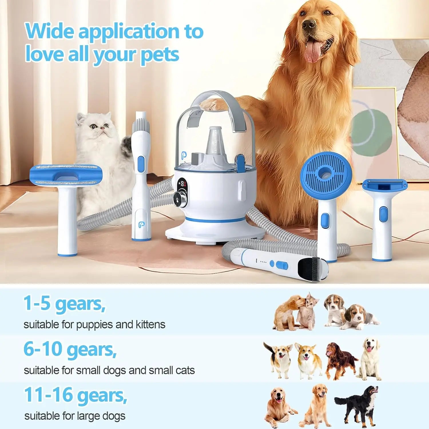 5-in-1 Pet Grooming Vacuum Kit – Low Noise Hair Remover with 2.0L Dust Cup for Dogs & Cats, Shedding & Grooming Tool