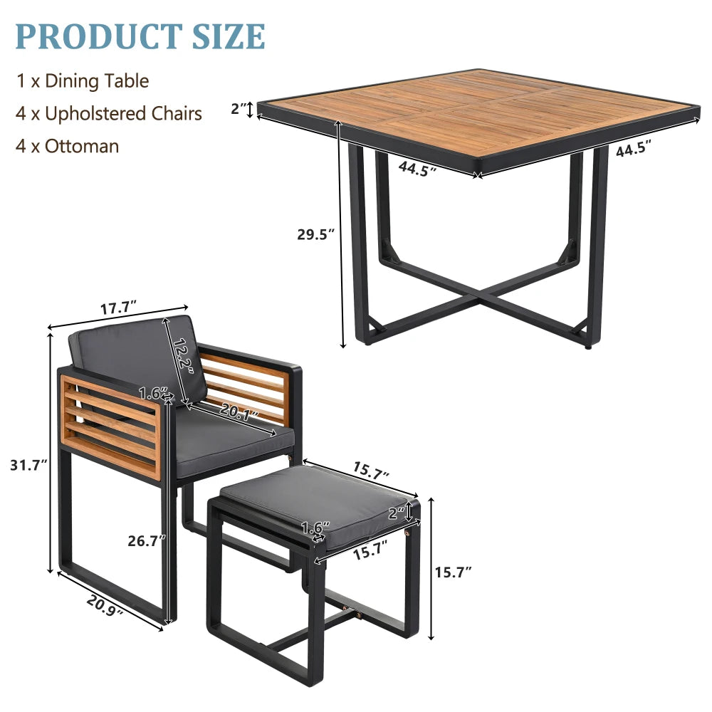 “9-Piece Acacia Wood Patio Dining Set – Space-Saving Outdoor Table, 4 Cushioned Chairs & 4 Ottomans with Square Table”