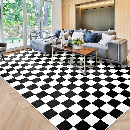 Modern Checkered Area Rug – Soft Plaid Carpet for Living Room & Bedroom Décor