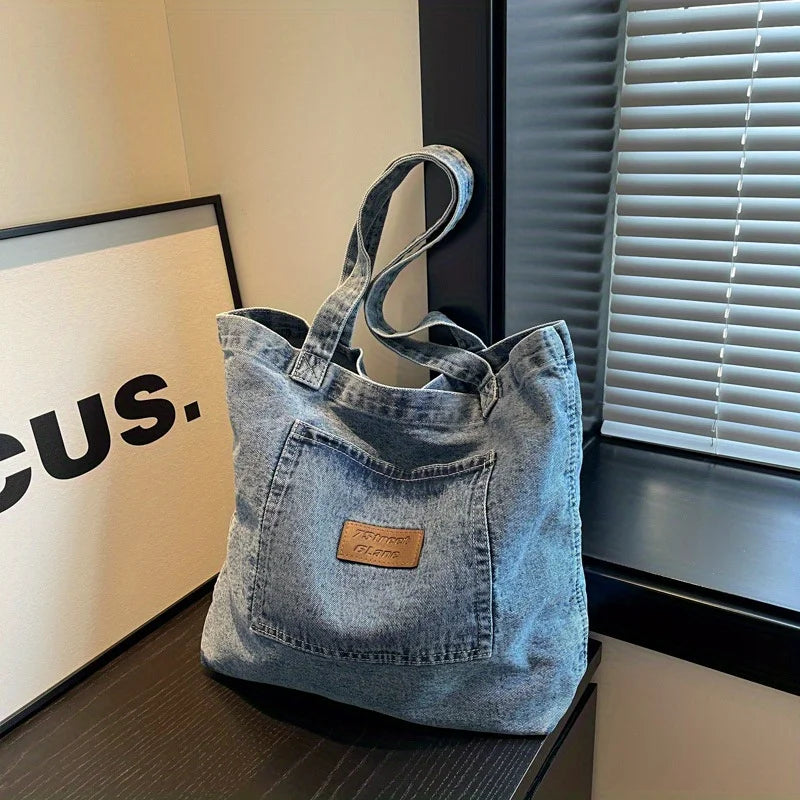 Women’s Large Capacity Denim Tote Bag – Solid Colour Casual Shopping Handbag
