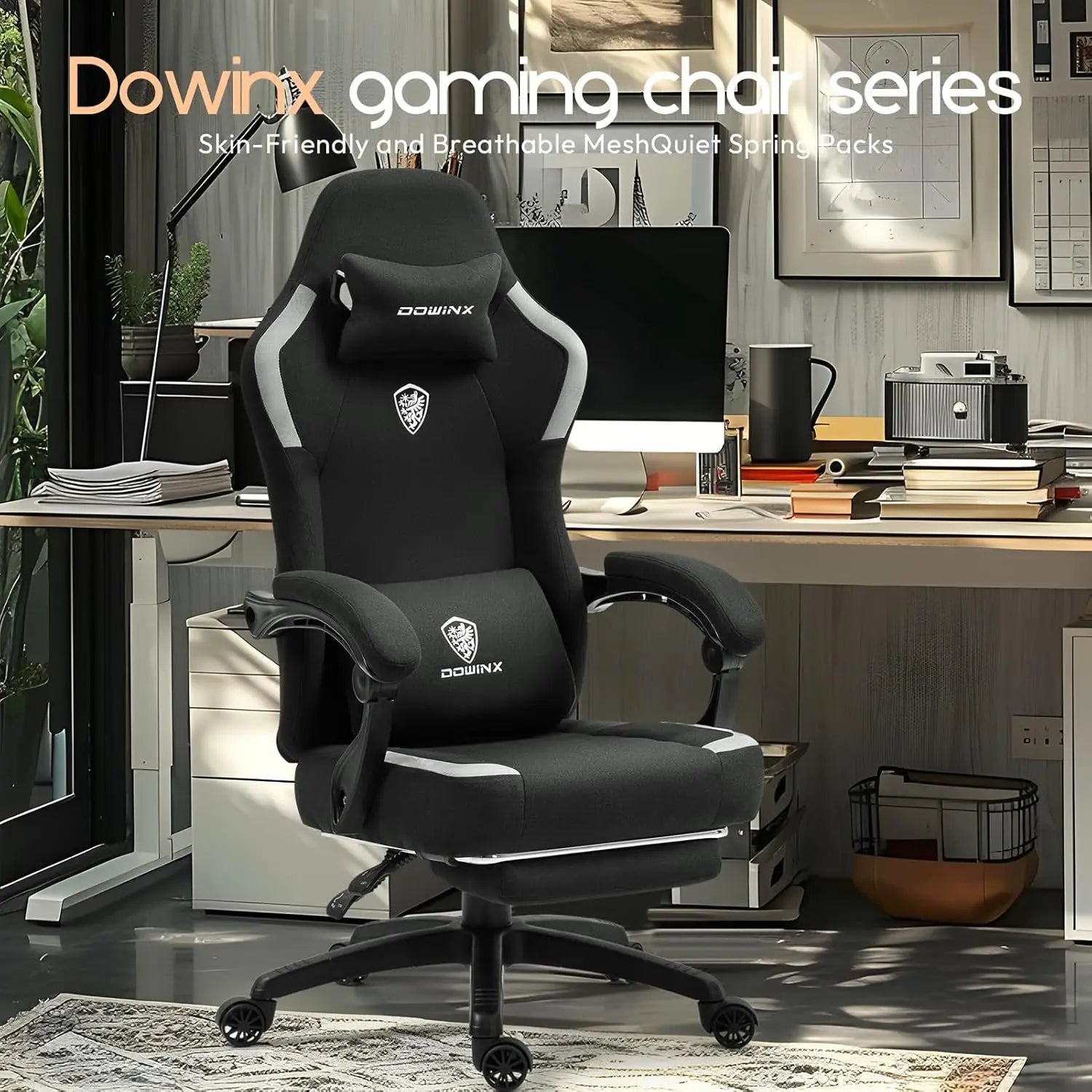 Dowinx Fabric Gaming Chair – Breathable Computer Chair with Pocket Spring Cushion, Massage Lumbar Pillow & Retractable Footrest