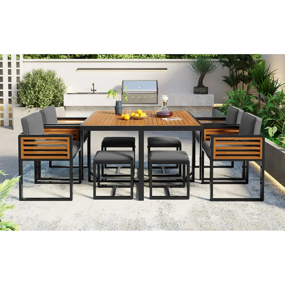 “9-Piece Acacia Wood Patio Dining Set – Space-Saving Outdoor Table, 4 Cushioned Chairs & 4 Ottomans with Square Table”