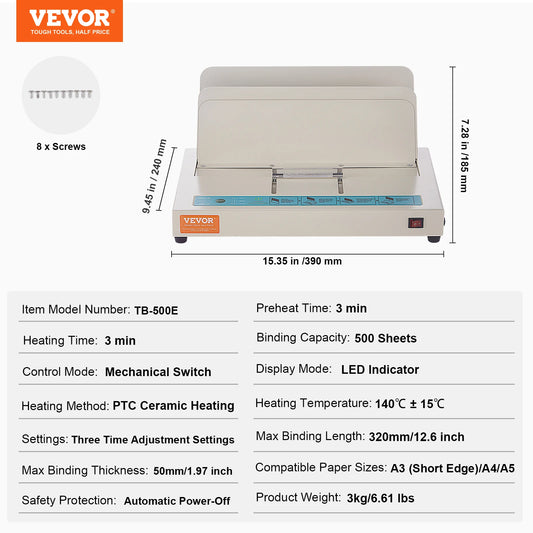 VEVOR Thermal Binding Machine – 500-Sheet Capacity, 50mm Thickness Binder with Infrared Optical Detection for A3, A4 & A5 Documents