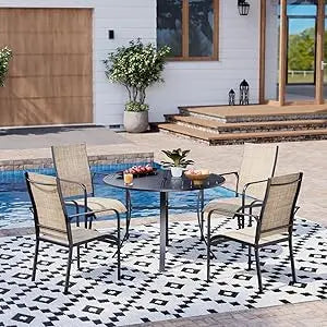 “7-Piece All-Weather Rattan Patio Dining Set – 60” Wood-Top Table with Umbrella Hole & 6 Cushioned Chairs for Outdoor Garden & Backyard”