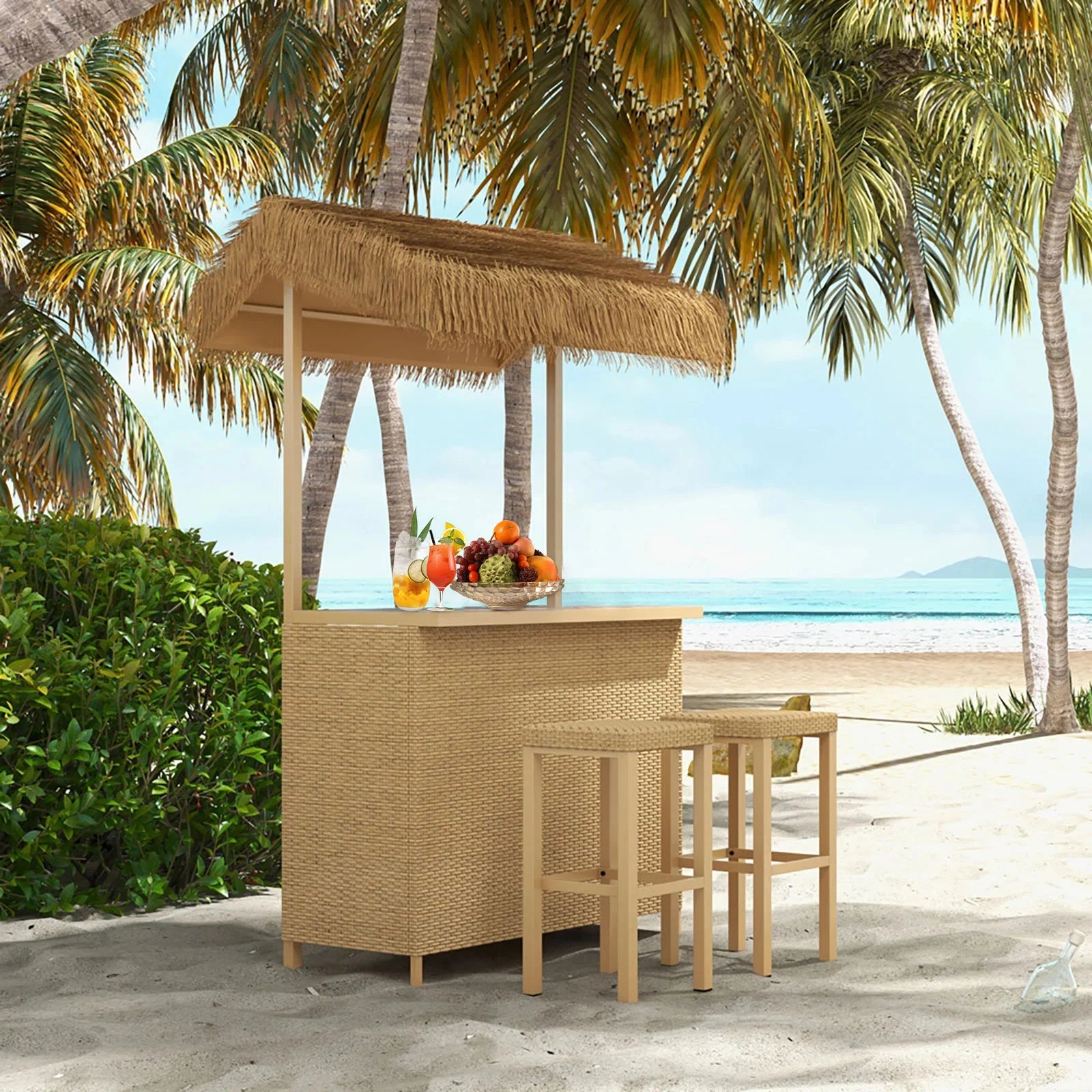 Outdoor Tiki Bar Set – 3-Piece Wicker Islander Bar with Widen Ceramic Top & 2 Stools | All-Weather Garden Bar Furniture with Storage
