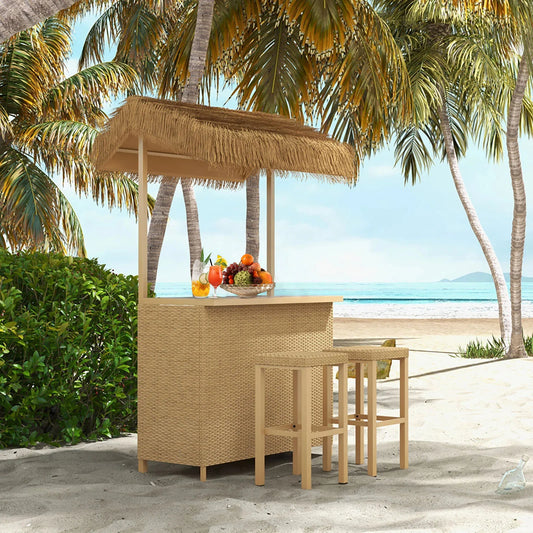 Outdoor Tiki Bar Set – 3-Piece Wicker Islander Bar with Widen Ceramic Top & 2 Stools | All-Weather Garden Bar Furniture with Storage
