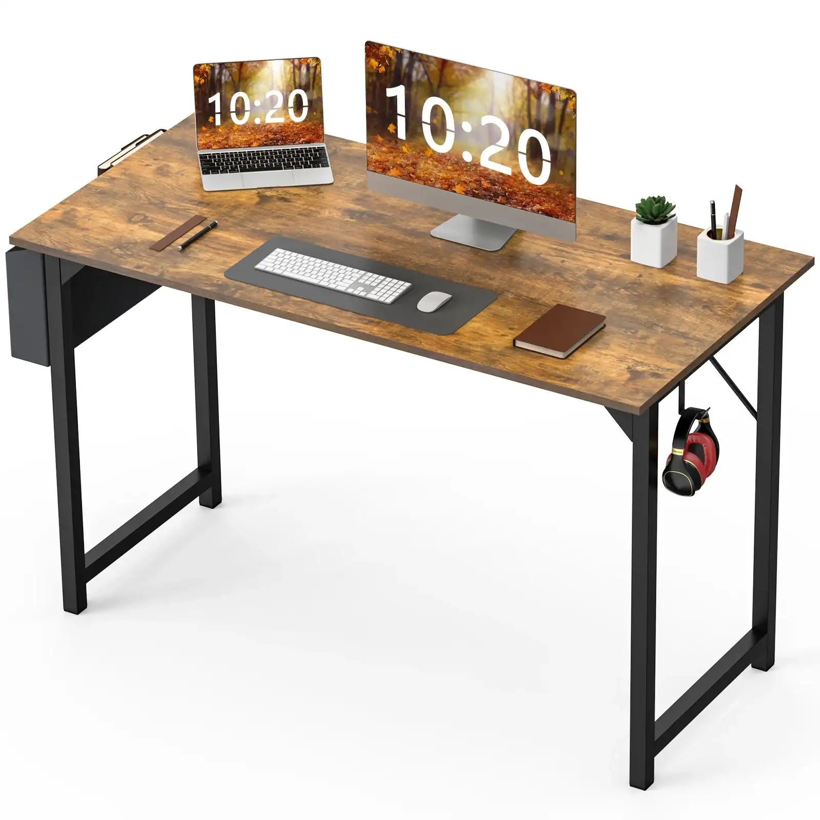 1- Product Title: Sleek Compact Computer Desk with Side Storage Bag & Headphone Hook