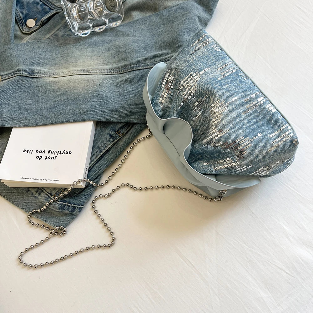 Women’s Denim Crossbody Chain Clutch – Stylish Hobo Purse & Evening Bag for Weddings, Parties & Bridal Fashion