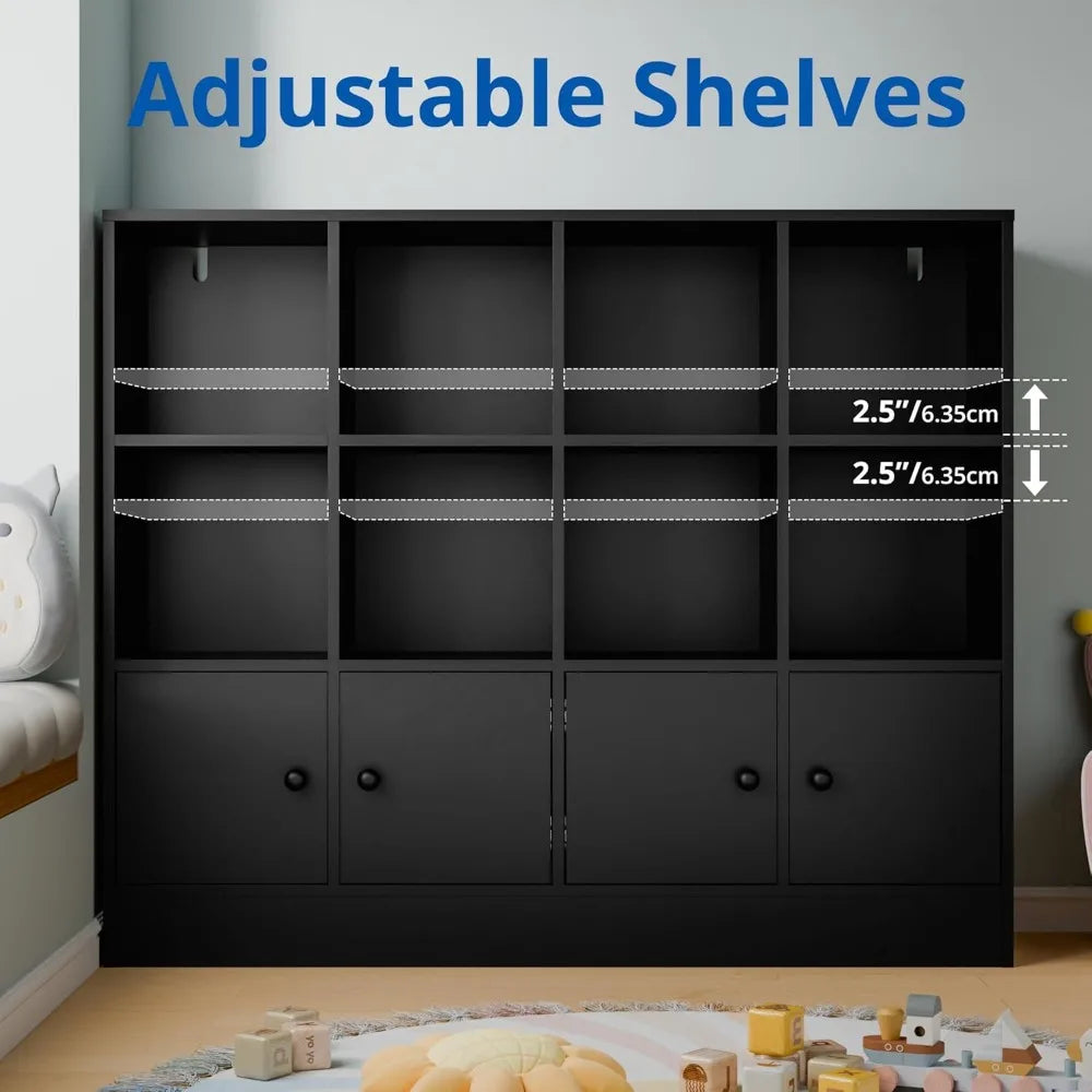 🪵 Black Wood 12-Cube Bookshelf with 4 Doors – 3-Tier Storage Cabinet with Adjustable Shelves for Bedroom & Living Room