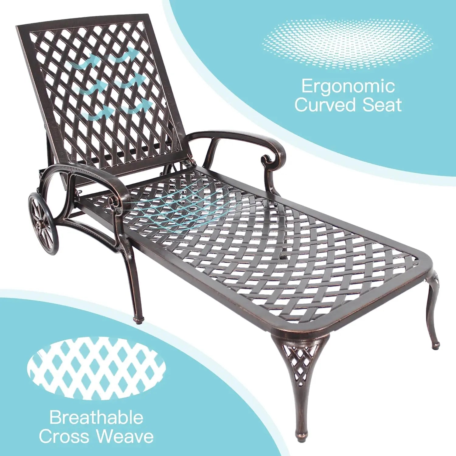 Outdoor Chaise Lounge Chair Set of 2 – Cast Aluminum Poolside Loungers with Adjustable Backrest & Moveable Design | All-Weather Tanning Chairs