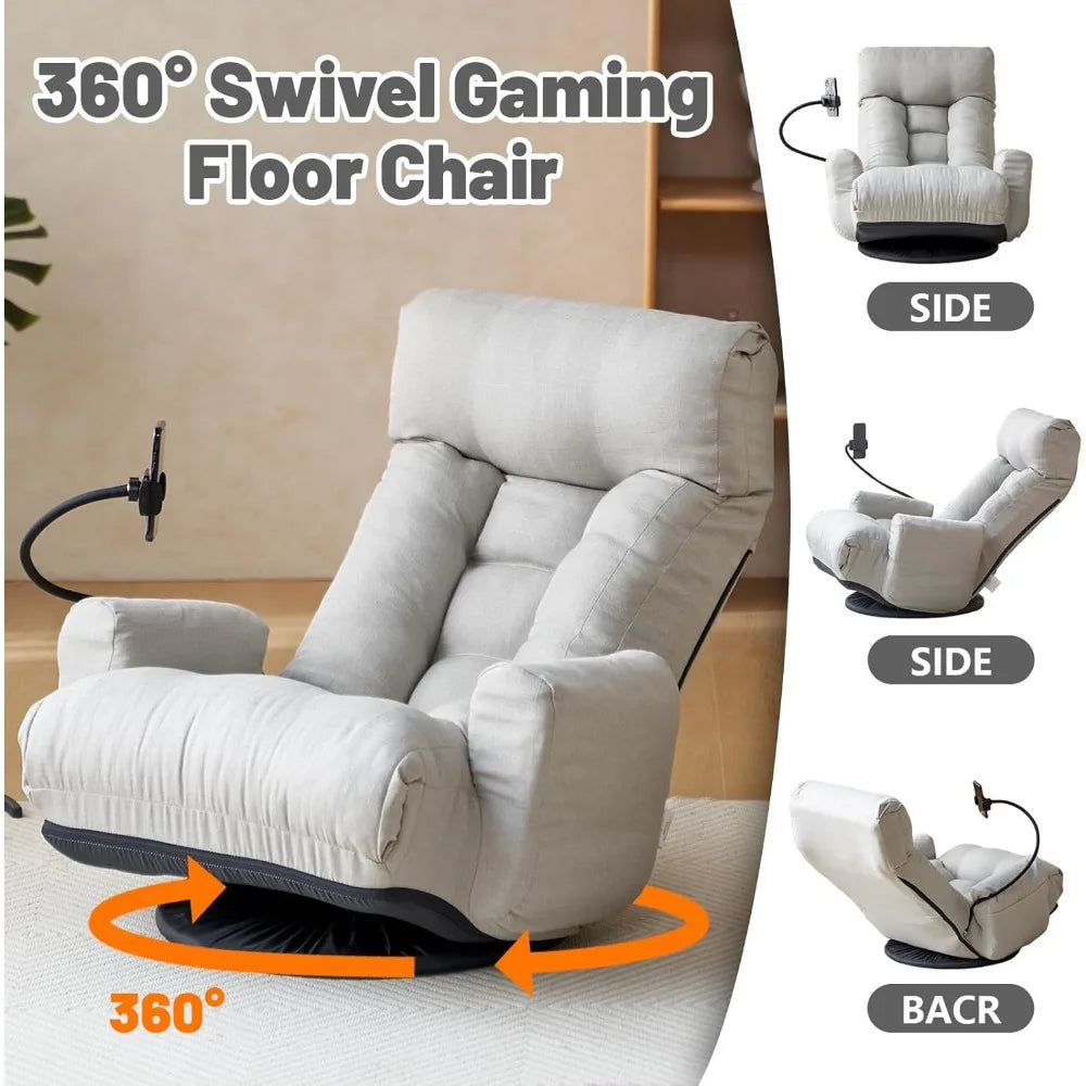 360° Swivel Gaming Floor Chair – 5-Position Adjustable Folding Sofa Chair with Armrests, Cushion & Phone Holder for Indoor Use