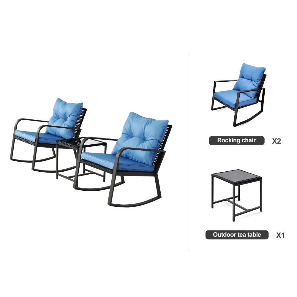 “3-Piece Patio Bistro Set – Outdoor Rocking Chairs with Blue Cushions & Glass-Top Table for Garden, Yard & Poolside”