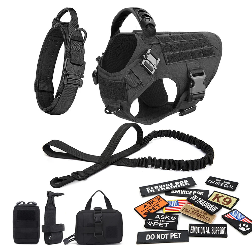 Military Tactical Large Dog Harness Set – Training Vest with Collar, Leash, Bags & Patches for Malinois & Large Breeds