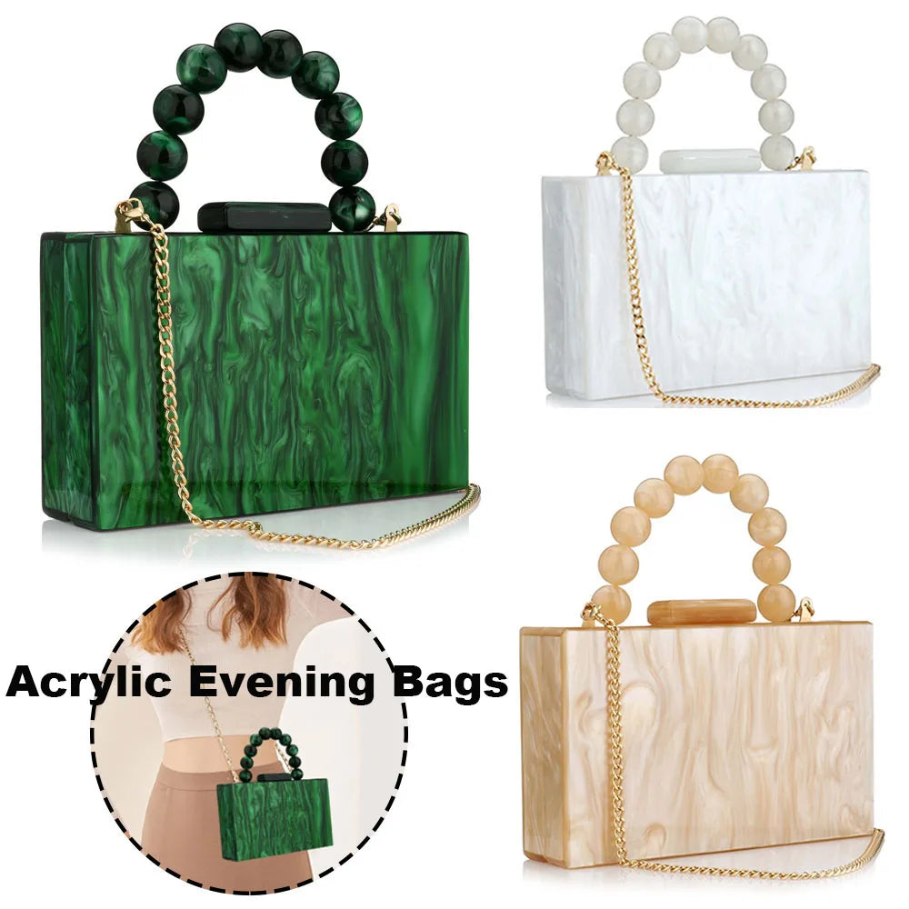 Pearl Marble Dark Green Acrylic Evening Bag – Luxury Crossbody Flap Purse for Women, Wedding, Party & Chic Beach Events